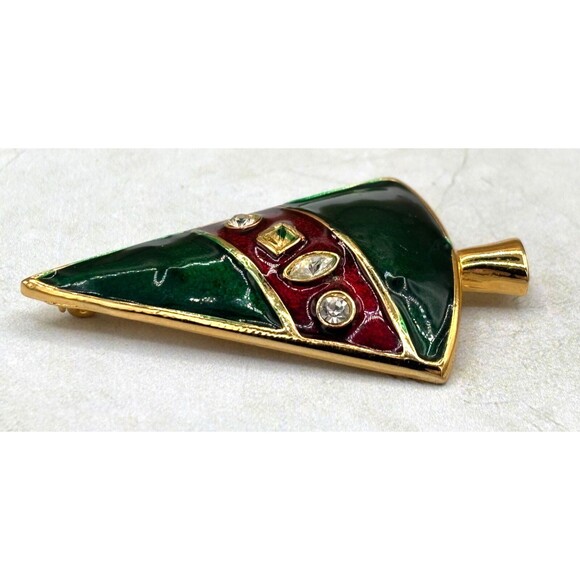Vintage LIA Signed Christmas Tree Brooch Pin Enamel Green & Red Stones Gold Tone - Picture 6 of 10